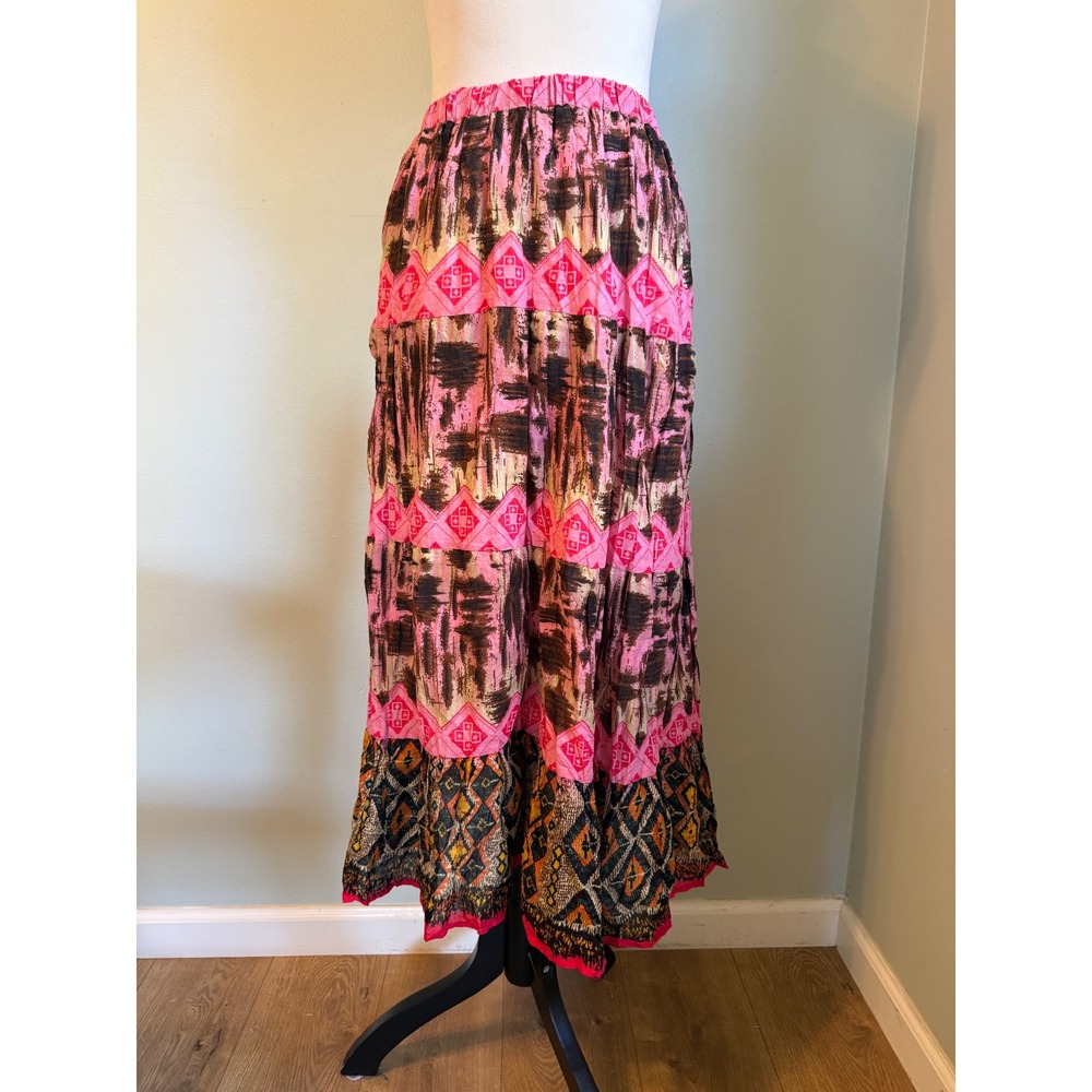 Whimsigoth retro pink Brown boho Tiered Crinkle Midimaxi Skirt y2k colorful nwt